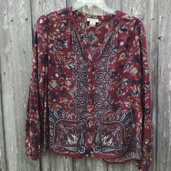 Lucky brand burgundy floral button up size m. Long sleeves - Picture 1 of 4